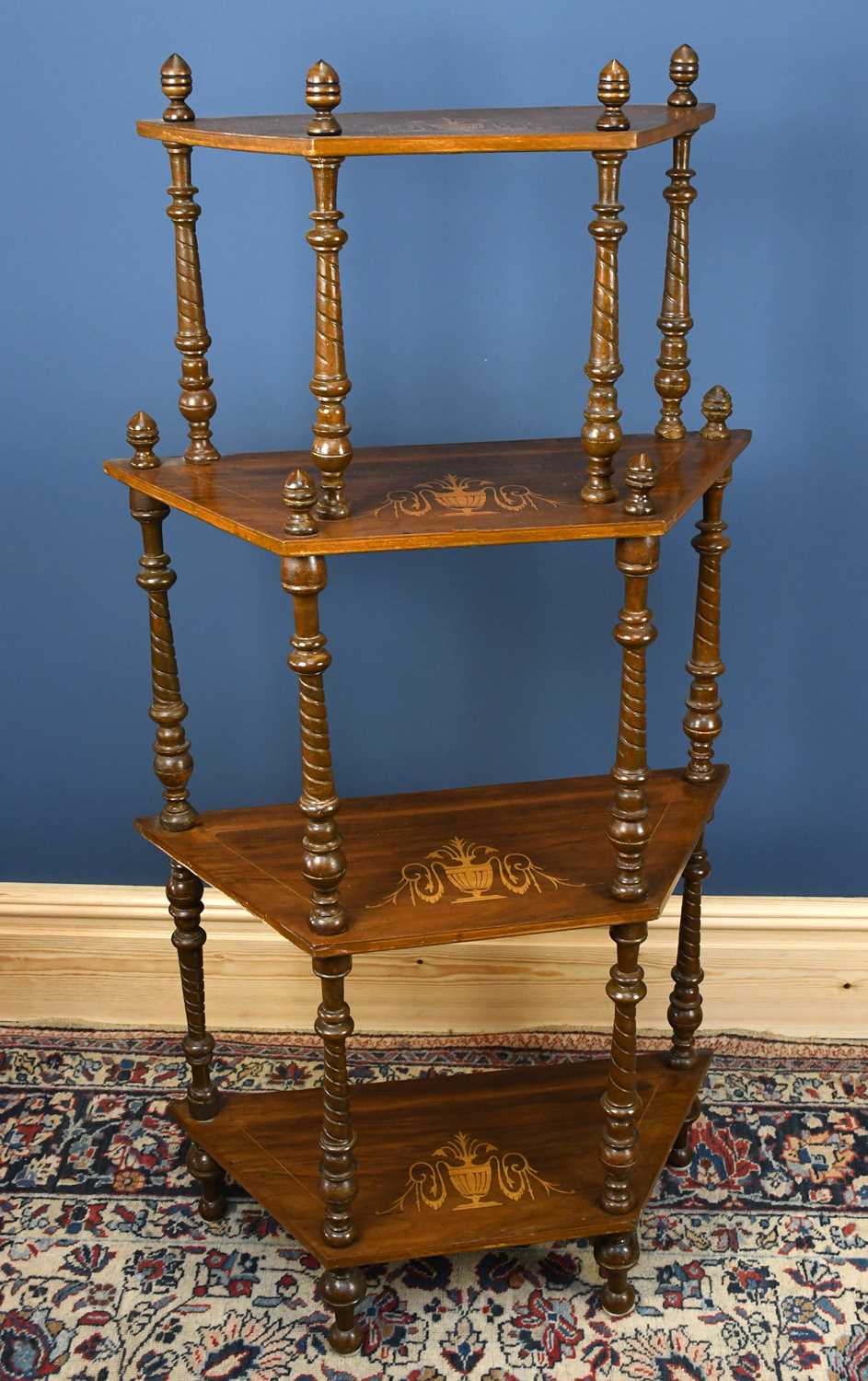 An Edwardian inlaid mahogany four tier whatnot, height 131cm.