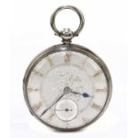 A Victorian hallmarked silver key wind pocket watch, the engraved dial with yellow metal Roman