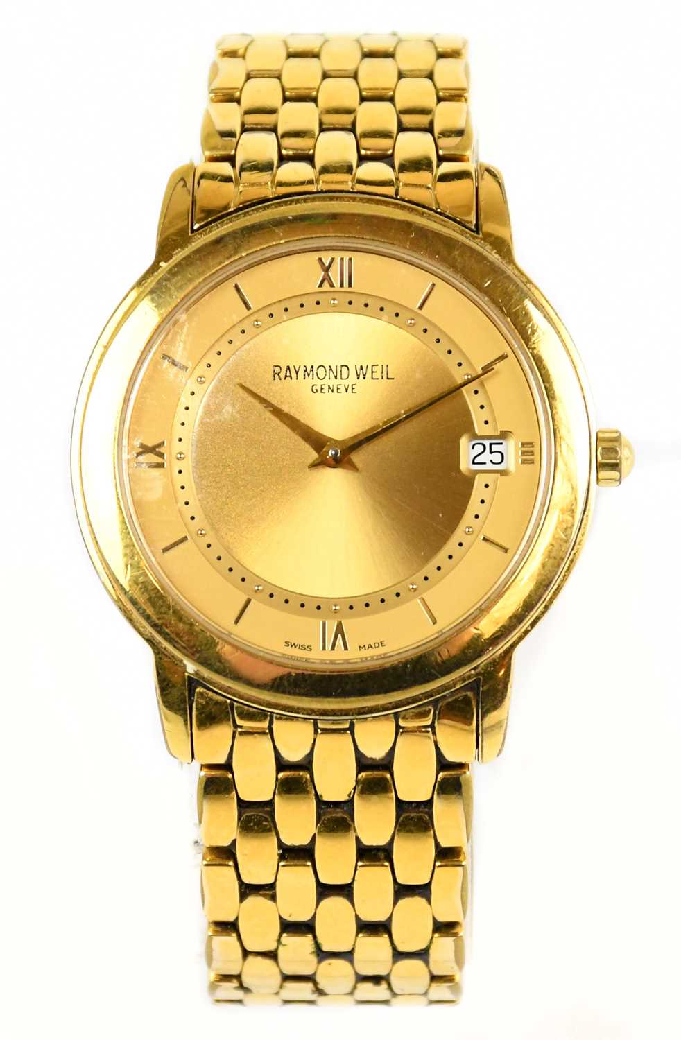 RAYMOND WEIL; a gentleman's gold plated wristwatch with Roman numeral and baton dial, with date