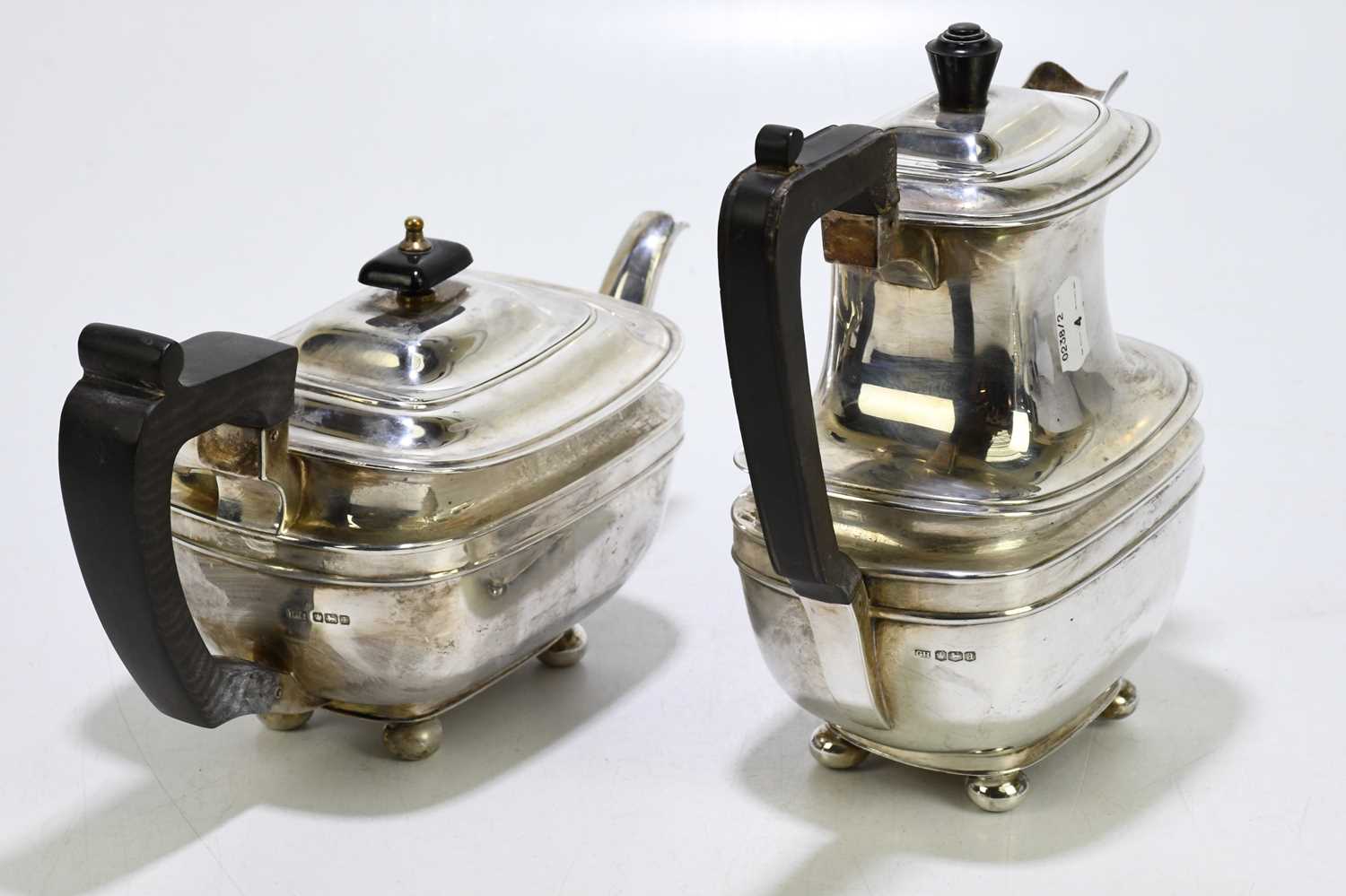 HARRISON BROS & HOWSON; a George V hallmarked silver four piece tea service of square form, on - Image 3 of 5