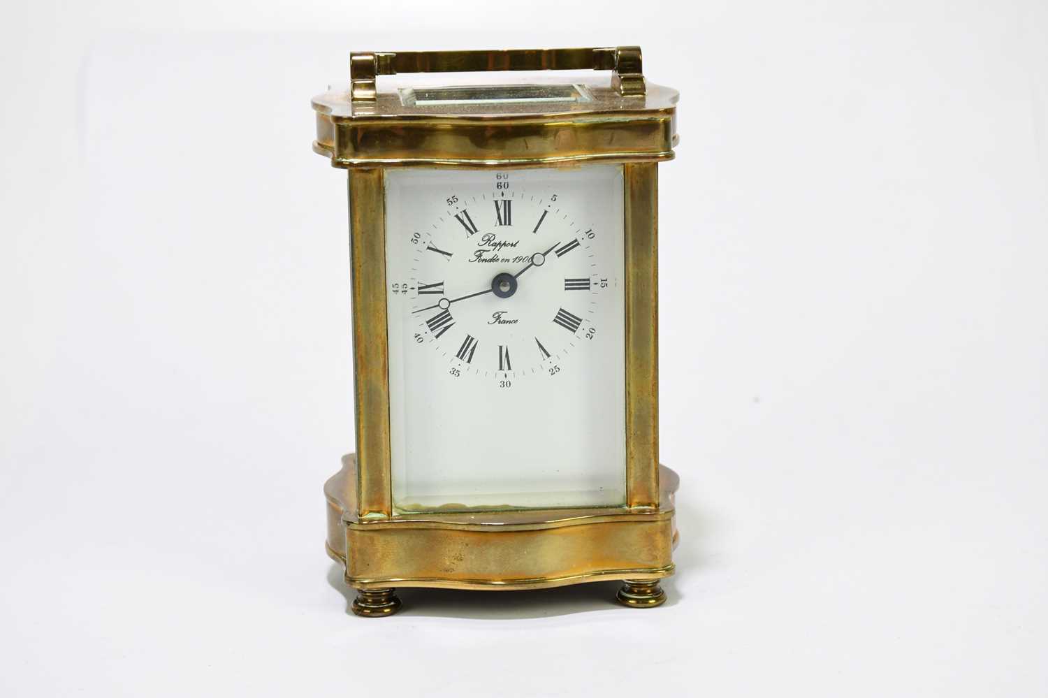 RAPPORT; a French brass cased carriage clock, the enamelled dial set with Arabic and Roman numerals, - Image 2 of 7