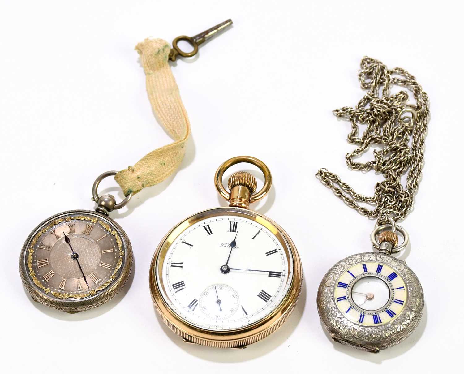 WALTHAM; a gold plated crown wind open faced pocket watch, the enamelled dial set with Roman
