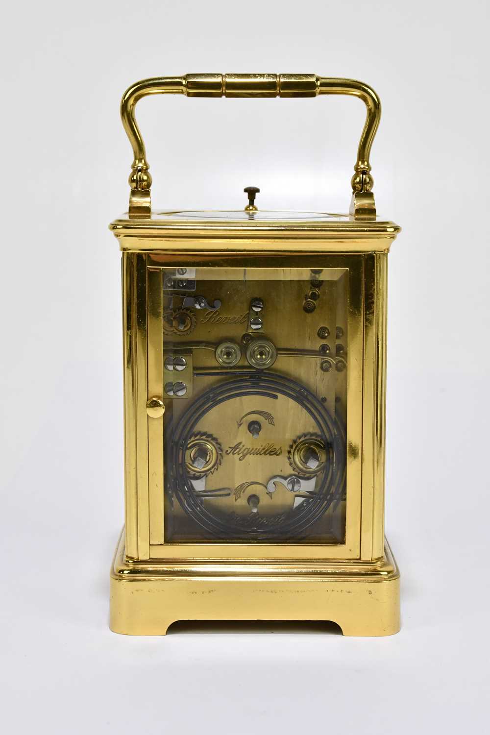 A circa 1900 French brass repeating carriage clock with Arabic numerals to the chapter ring set - Image 3 of 6