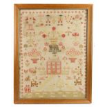 A Victorian needlework sampler worked by Elizabeth Wainrite, age 10 and dated 1837, worked with a