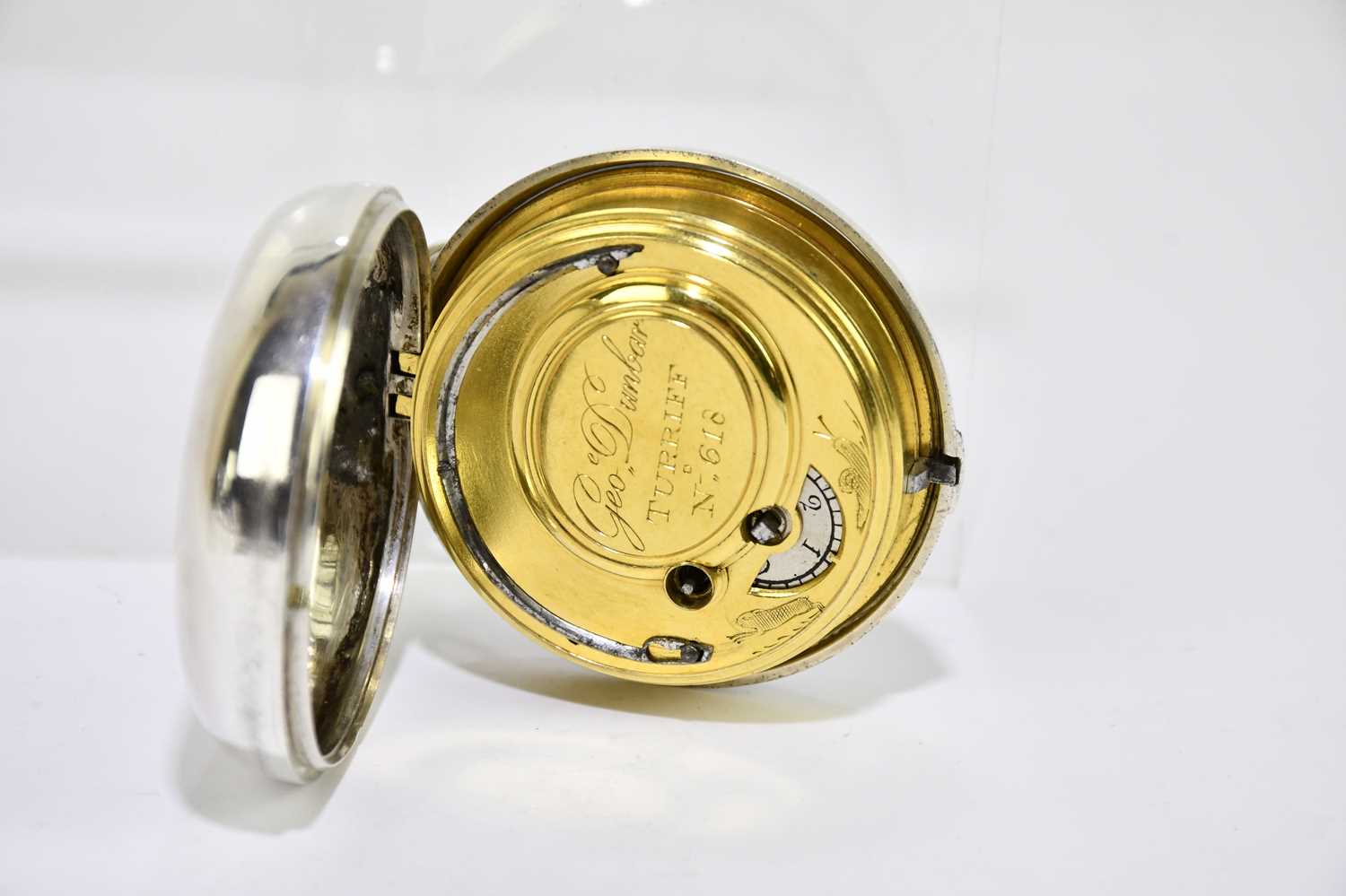 GEORGE DUNBAR, TURRIFF; a George III hallmarked silver pair cased open face key wind pocket watch, - Image 6 of 9