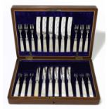 A cased harlequin set of silver and mother of pearl handled fruit knives and forks, Sheffield