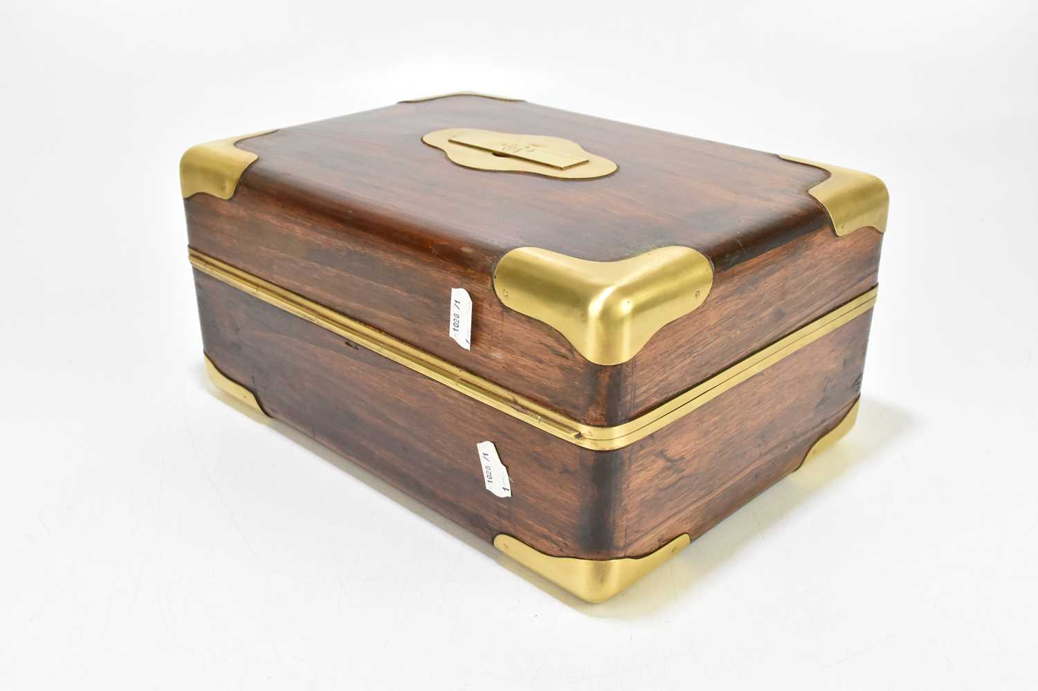 A late 19th century French campaign brass bound camphor wood travelling vanity case, the hinged - Image 6 of 6