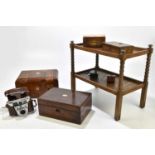 A 19th century inlaid walnut work box, length 27cm, with a rosewood work box, a Kodak camera, an