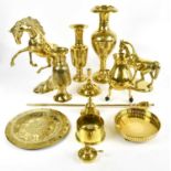 A collection of brass items, to include a rearing horse, height 39cm.
