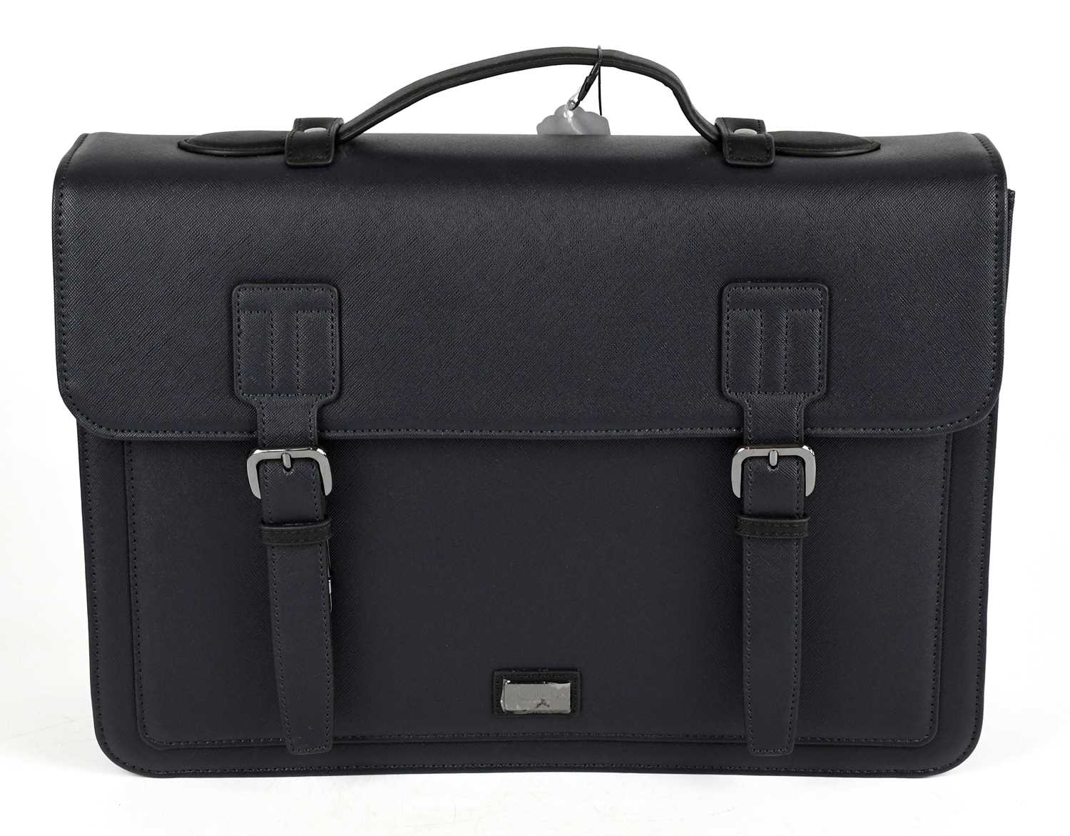 TED BAKER; an unused navy blue faux leather satchel, with front flap and two silver tone buckle