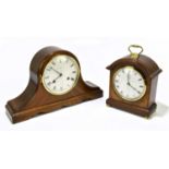COMITTI, LONDON; a reproduction inlaid mahogany mantel clock, the circular dial set with Roman