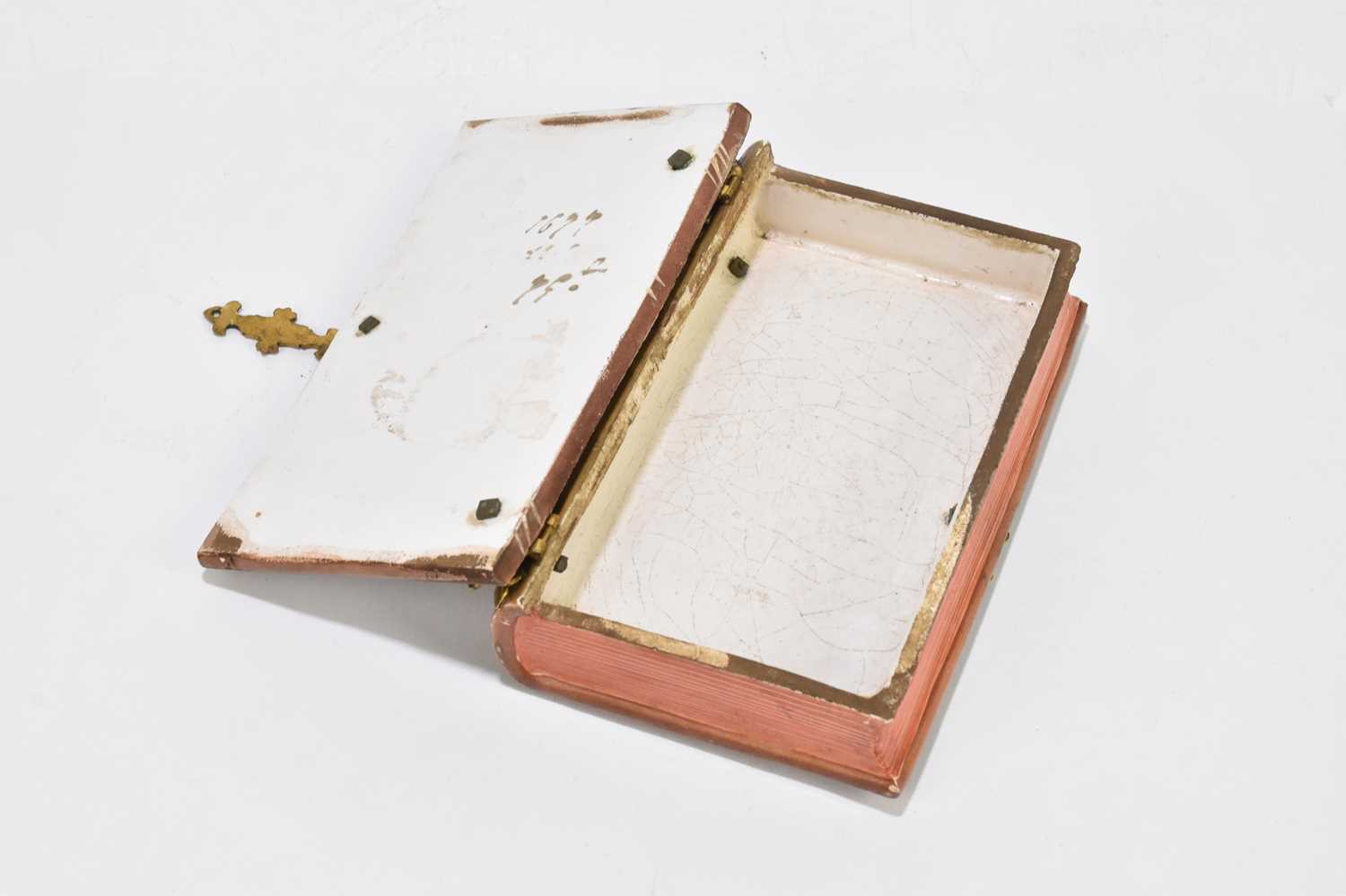 A 19th century French pottery faïence ware trinket box in the form of a book with gilt metal mounts, - Image 5 of 5