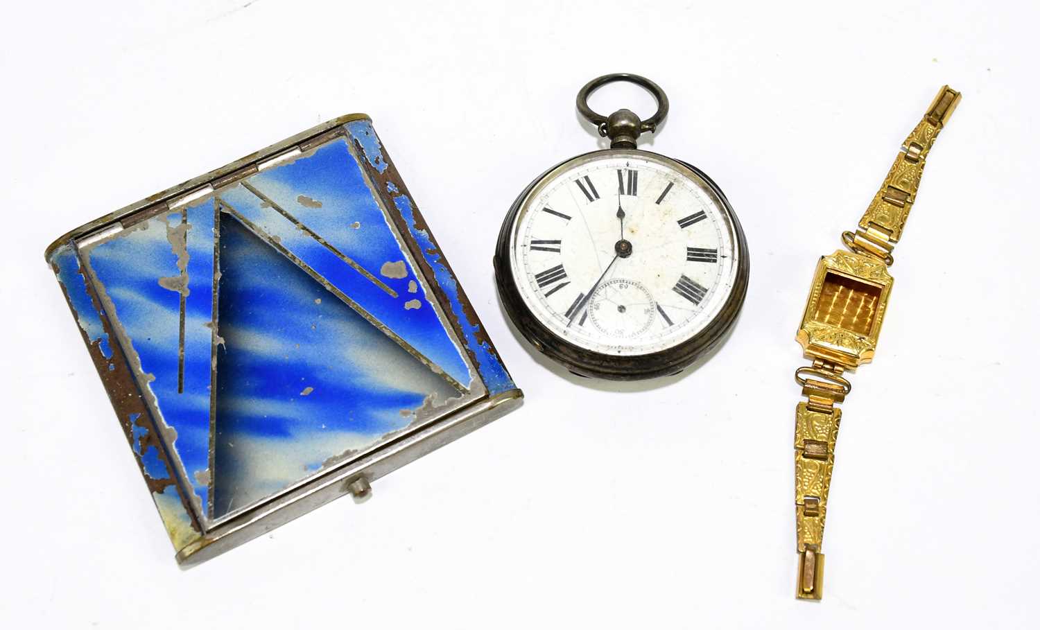 An 800 grade silver key wind open face pocket watch, the enamel dial set with Roman numerals and