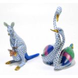 HEREND; two animal models comprising a kangaroo and joey, height 14cm, and a pair of swans, height