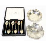 TURNER & SIMPSON; a cased set of six George VI hallmarked silver gilt and enamel teaspoons,