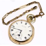 A 9ct rose gold crown wind open faced pocket watch with Roman numerals set to the white enamel dial,