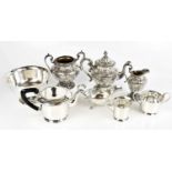 An American silver plated pedestal bowl, diameter 20.5cm, with a three piece tea service, a sauce