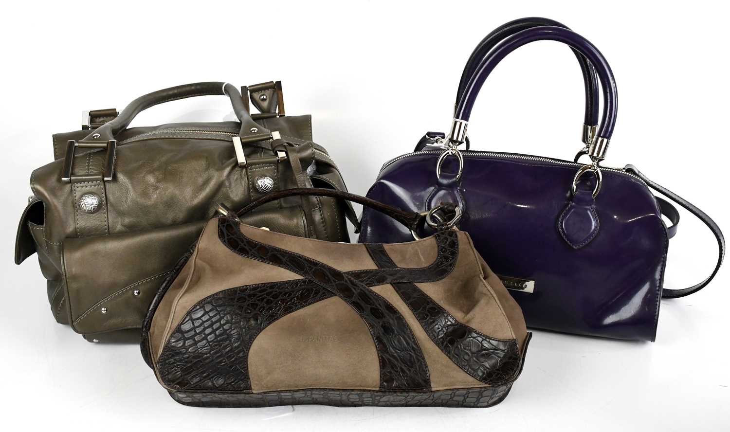 COCCINELLE; a purple patent leather hand and shoulder bag with detachable shoulder strap, silver