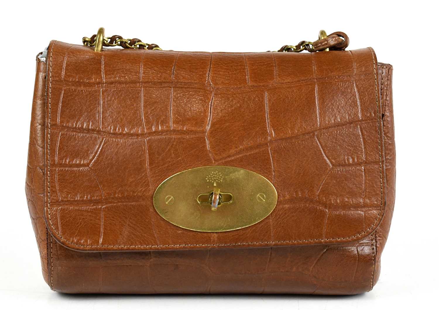 MULBERRY; a brown faux crocodile embossed leather Lily bag with a front gold tone embossed postman's