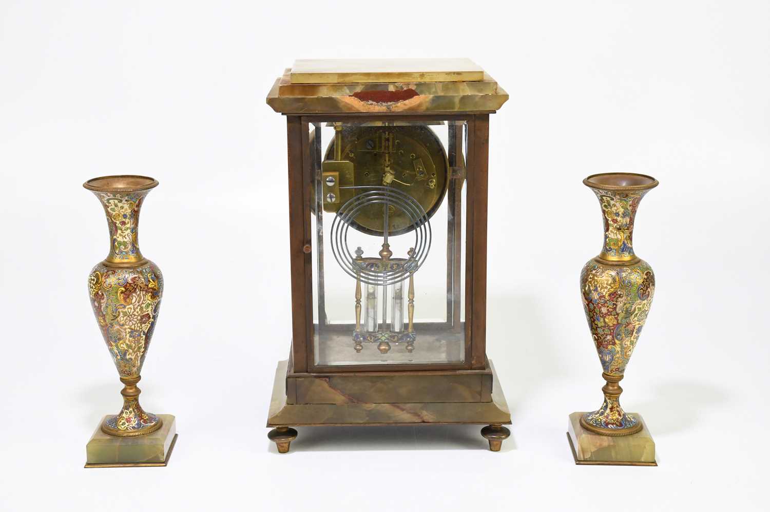 A 19th century French onyx and champleve enamel three piece clock garniture, the four glass clock of - Image 2 of 4