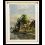 EARLY 20TH CENTURY DUTCH SCHOOL; oil on board, figures in rowing boat beside thatched cottage,