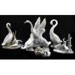 LLADRO; a group of a duck and four ducklings, length 10cm, with five Nao bird groups and a further