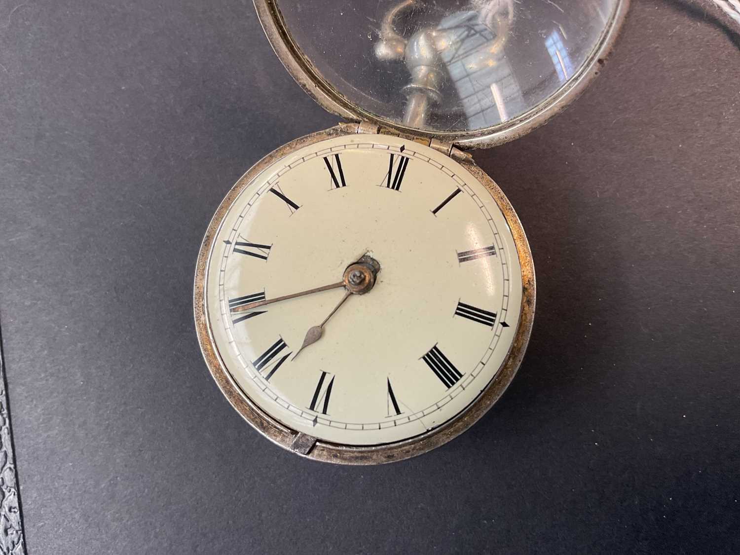 JOHN LAKIN, LONDON; a George III hallmarked silver pair cased key wind pocket watch, the enamelled - Image 5 of 6
