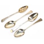 THOMAS OLIPHANT; a pair of George III hallmarked silver serving spoons, with engraved intitials '