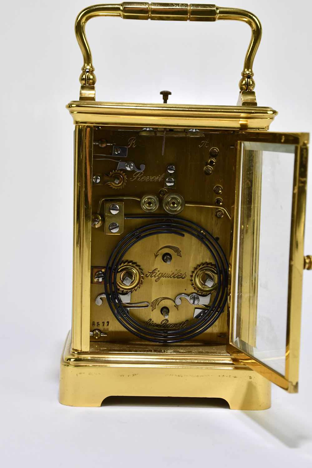 A circa 1900 French brass repeating carriage clock with Arabic numerals to the chapter ring set - Image 4 of 6