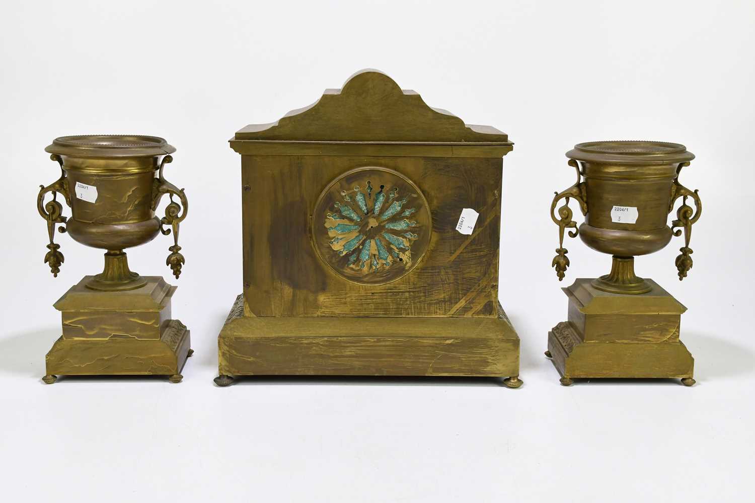 A late 19th century French gilt brass eight day clock garniture, with Roman numeral dial and - Image 2 of 3