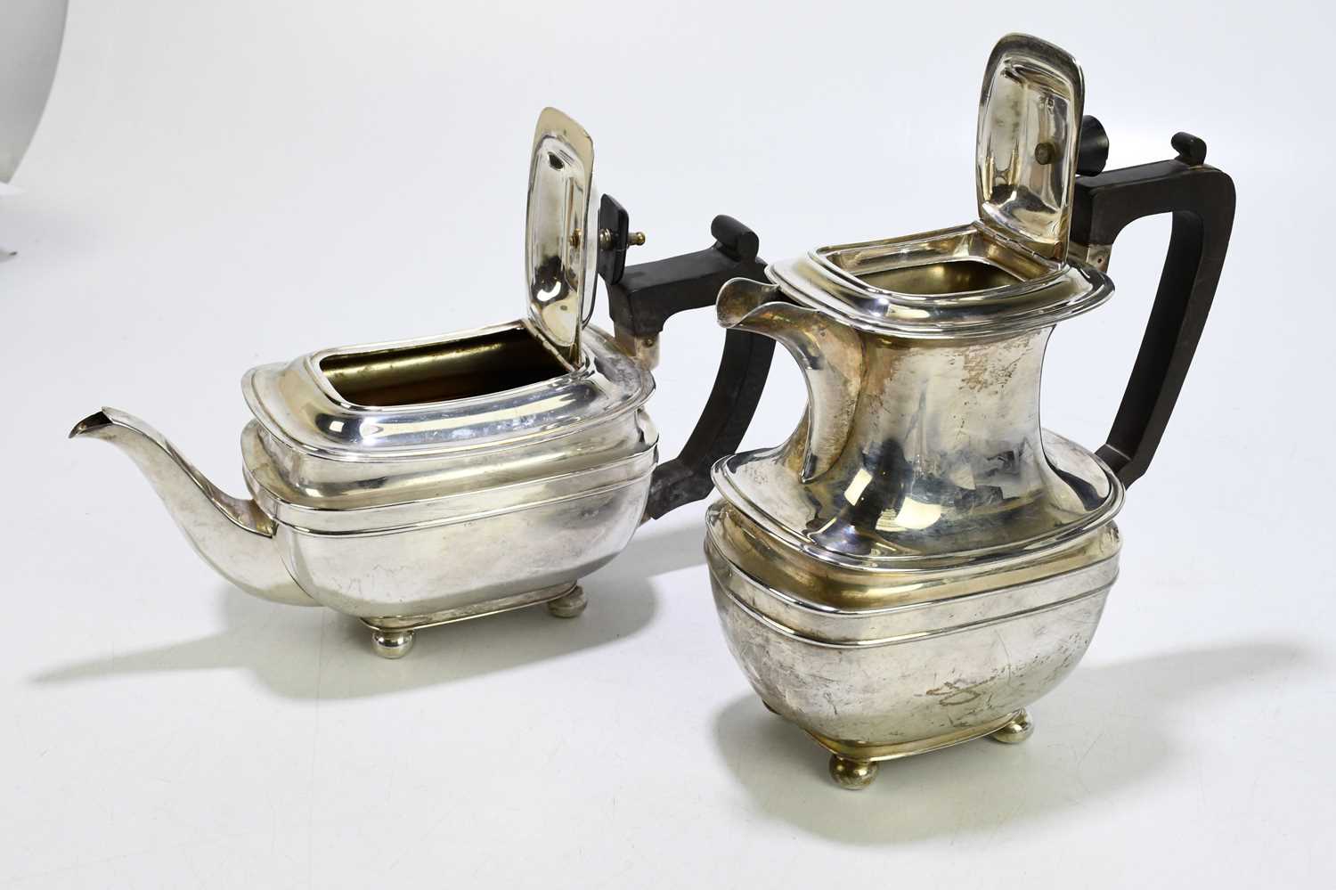 HARRISON BROS & HOWSON; a George V hallmarked silver four piece tea service of square form, on - Image 2 of 5