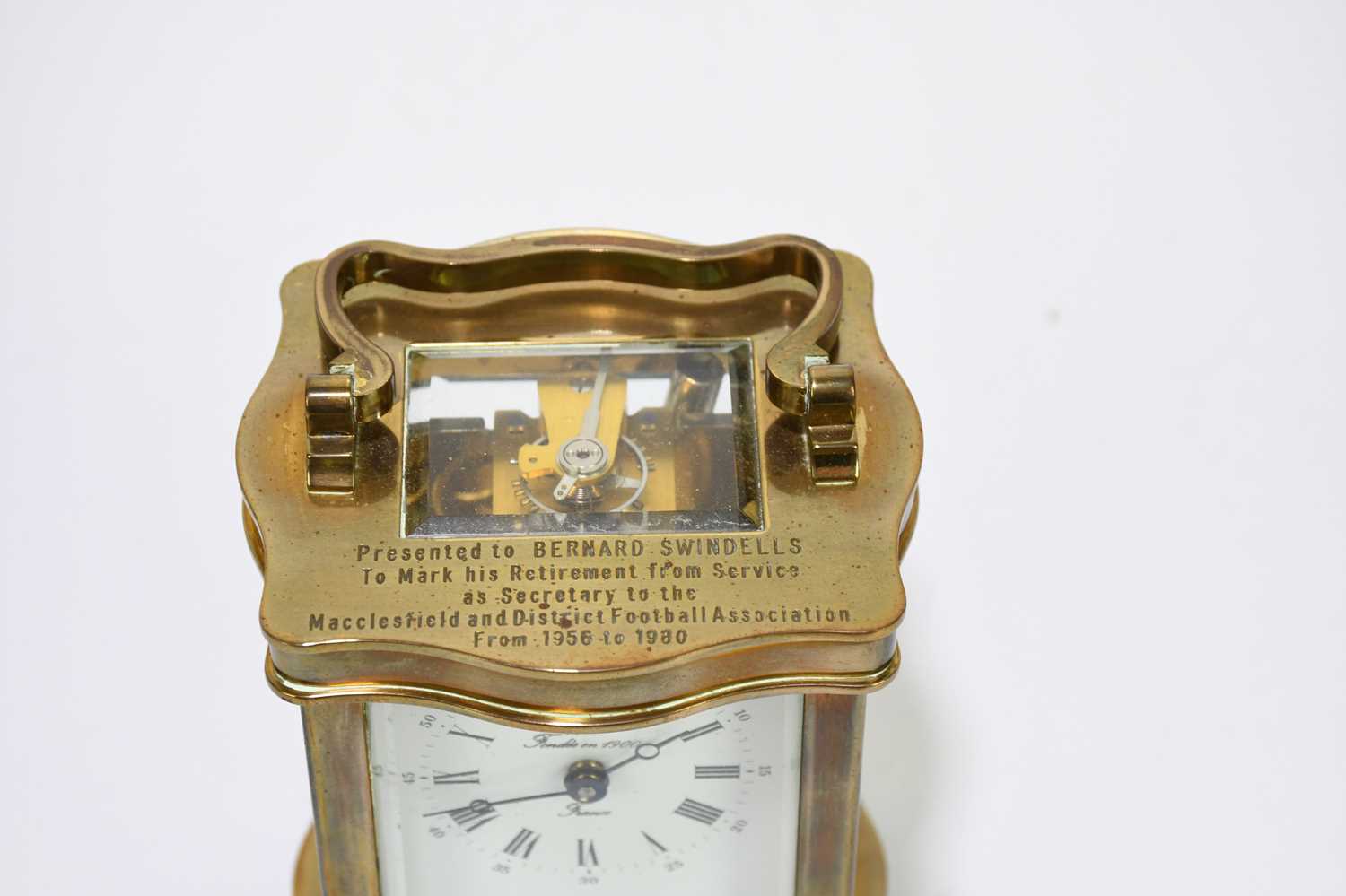 RAPPORT; a French brass cased carriage clock, the enamelled dial set with Arabic and Roman numerals, - Image 3 of 7