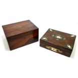A 19th century burr walnut, brass and ivory mounted workbox, length 26.5cm, with a rosewood toilet
