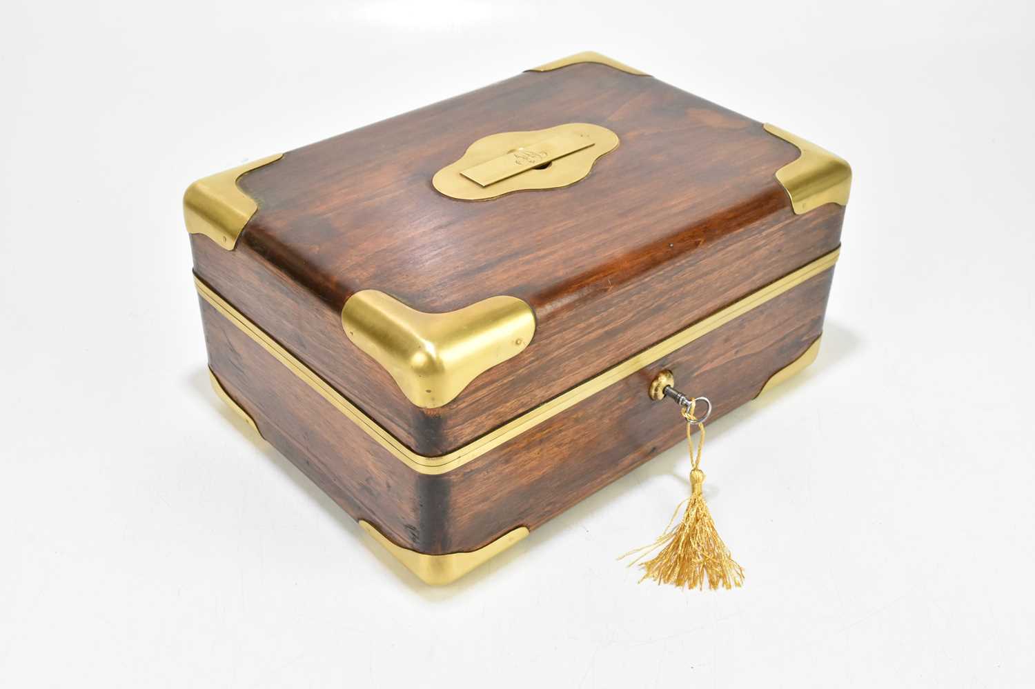 A late 19th century French campaign brass bound camphor wood travelling vanity case, the hinged - Image 5 of 6
