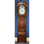A George III oak eight day longcase clock, the painted dial with Roman numerals, subsidiary