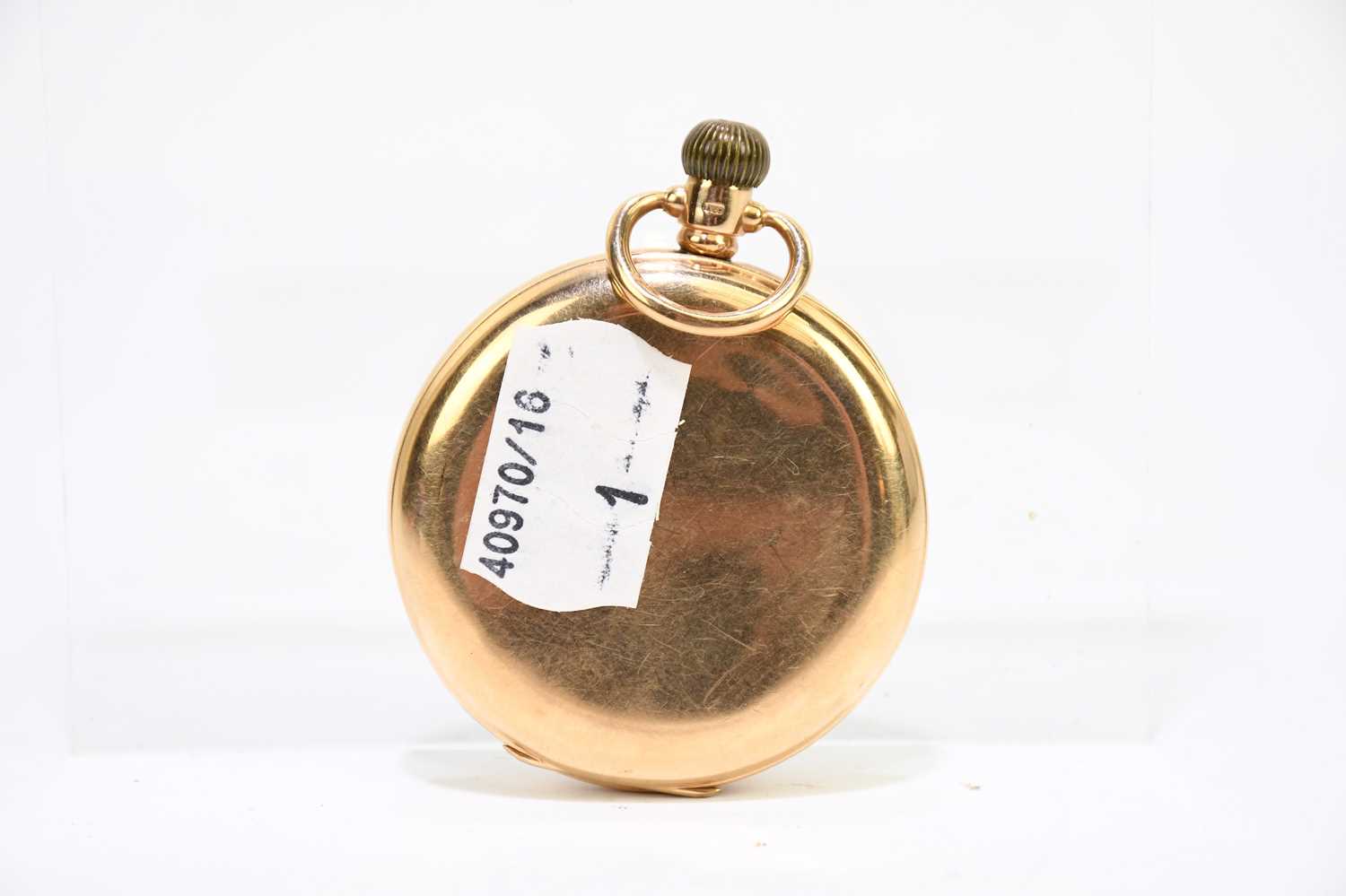 WALTHAM; a 9ct yellow gold cased crown wind open face pocket watch, the enamel dial set with Roman - Image 2 of 3