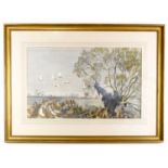 An unsigned watercolour, geese in flight over a cart, 72 x 45cm, framed and glazed.