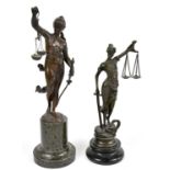 A reproduction bronze figure of Themis, on marble socle base, height 28cm, with a similar bronzed