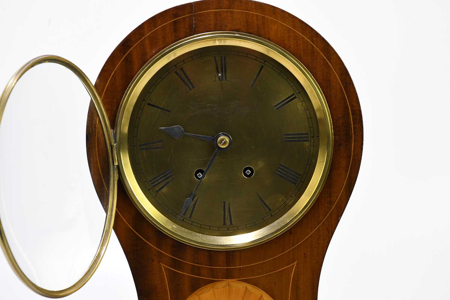 An Edwardian inlaid mahogany balloon mantel clock, the brass dial signed 'Tempus Fugit', with - Image 2 of 5