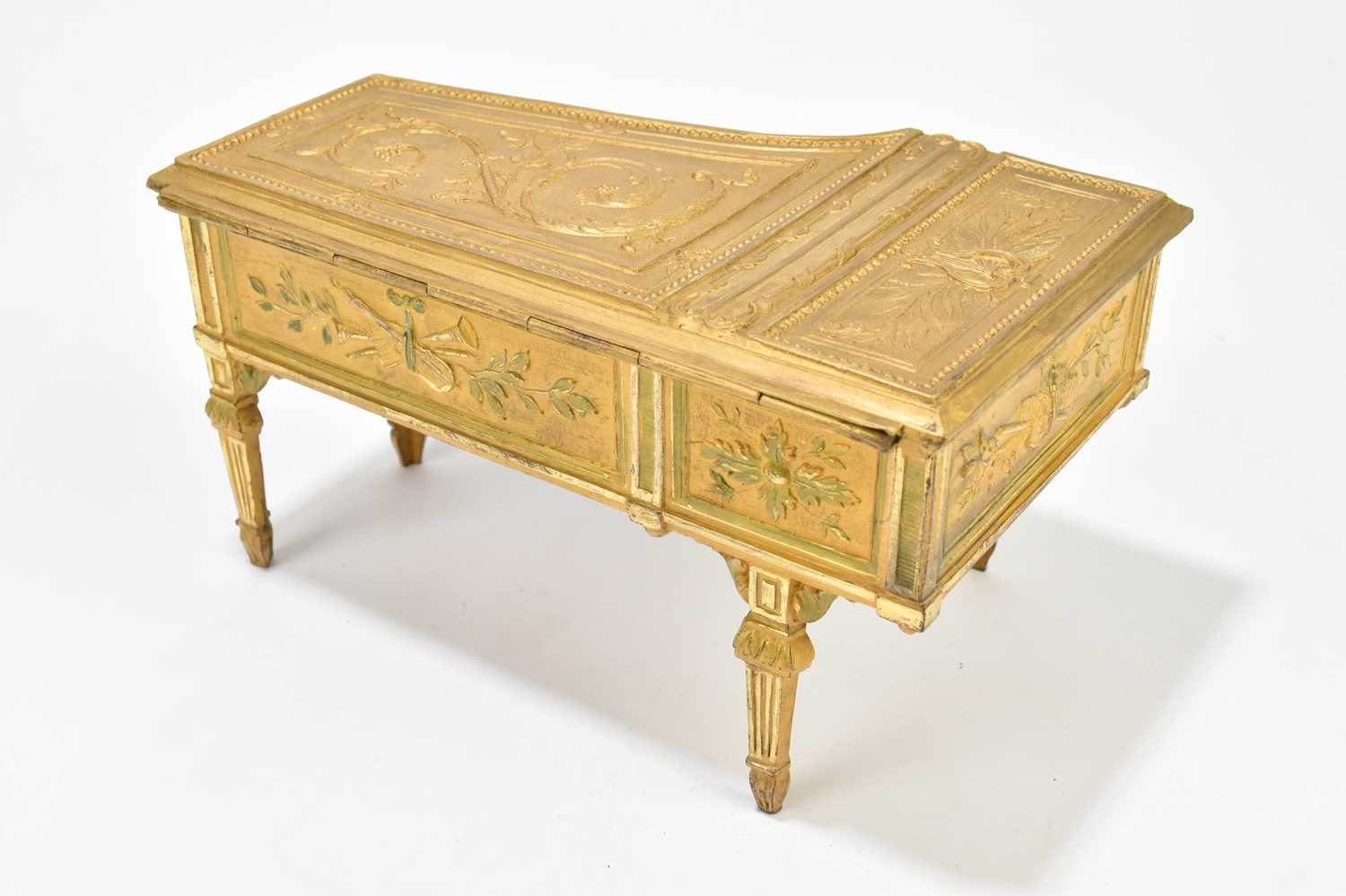 A late 19th century gilt metal jewellery casket modelled in the form of a harpsichord, with cast - Image 3 of 5