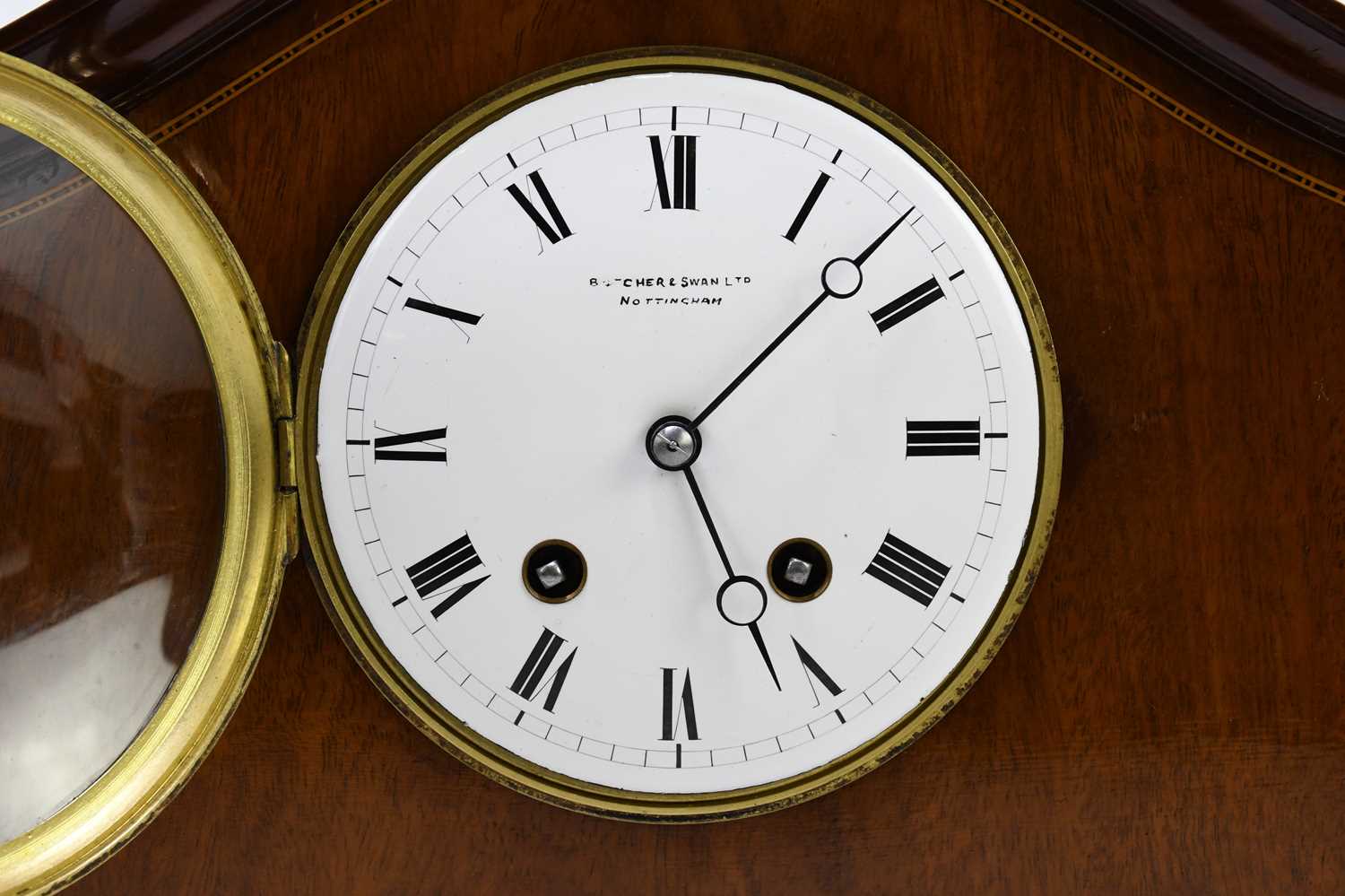 BUTCHER & SWAN LTD, NOTTINGHAM; an Edwardian inlaid mahogany mantel clock, the hat shaped top - Image 2 of 5