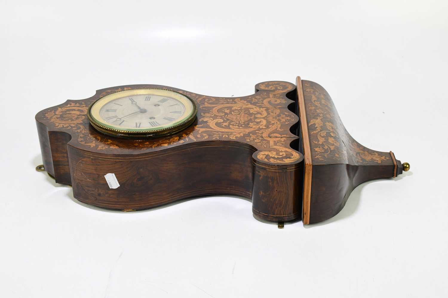 A late 19th century French marquetry inlaid rosewood wall clock with integral shaped bracket, the - Image 6 of 7