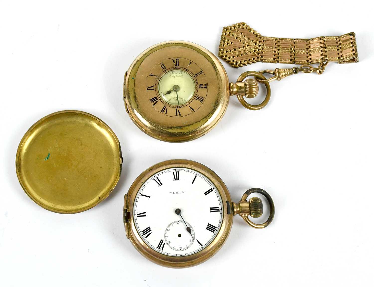 LANCASHIRE WATCH CO LTD; a gold plated crown wind half Hunter pocket watch with enamelled dial set