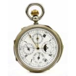 A crown wind base metal pocket watch with complicated movement and elaborate dial, set with moon