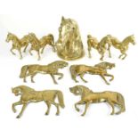 A collection of equestrian items to include a brass bust of a horse, height 26 cm, four models of