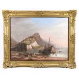 19TH CENTURY BRITISH SCHOOL; oil on canvas, figures on beach scene, unsigned, 47 x 61cm, in ornate