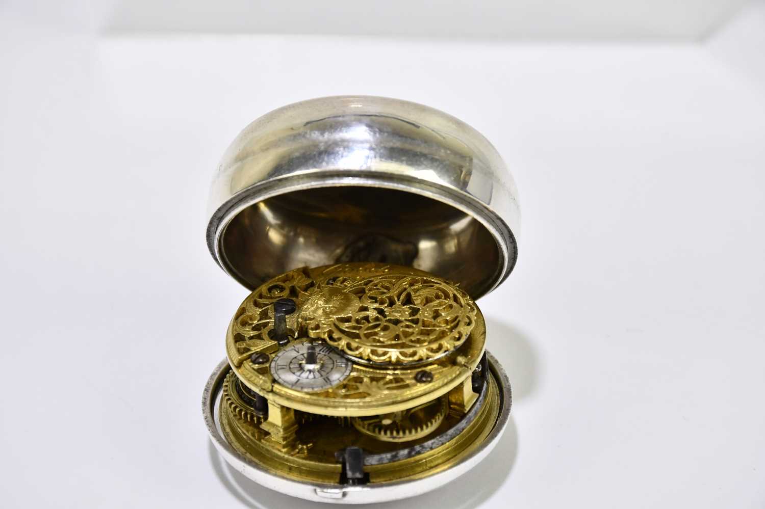 CHARLES GOODE OF LONDON; a George II hallmarked silver cased key wind pair cased pocket watch, the - Image 8 of 8