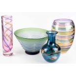 Four pieces of Art Glassware, including a Cowdy cylindrical vase internally decorated with