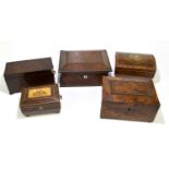 Five 19th century yew wood boxes, various styles, to include a Regency dome top work box, with brass