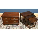 A reproduction oak chest, and a nest of three oak tables (2)